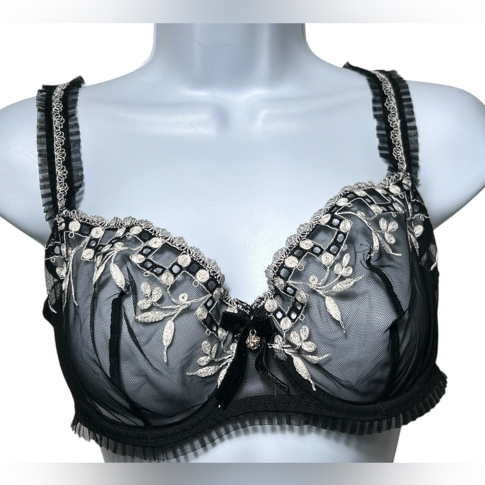 SIMONE PERELE black and ivory embroidered underwire bra US size 32DD EU 70E NWOT